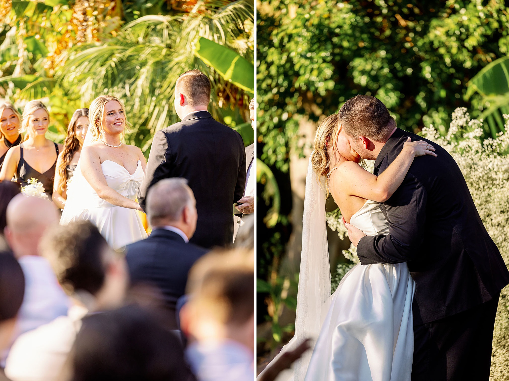 A bride and groom kiss to end their ceremony next to them holding hands in their ceremony