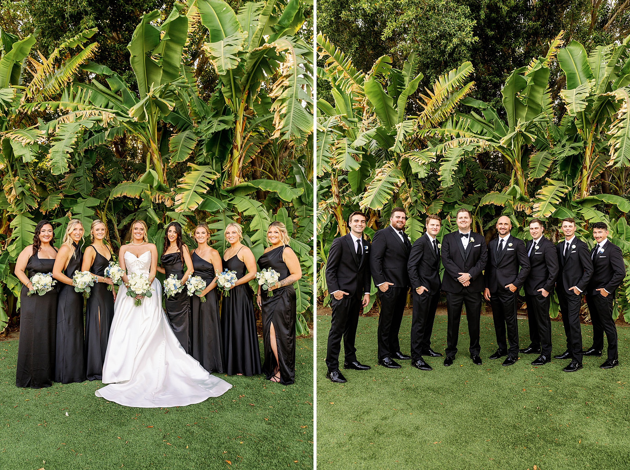 A bride stands smiling with her bridesmaids in black gowns next to the groom and his groomsmen