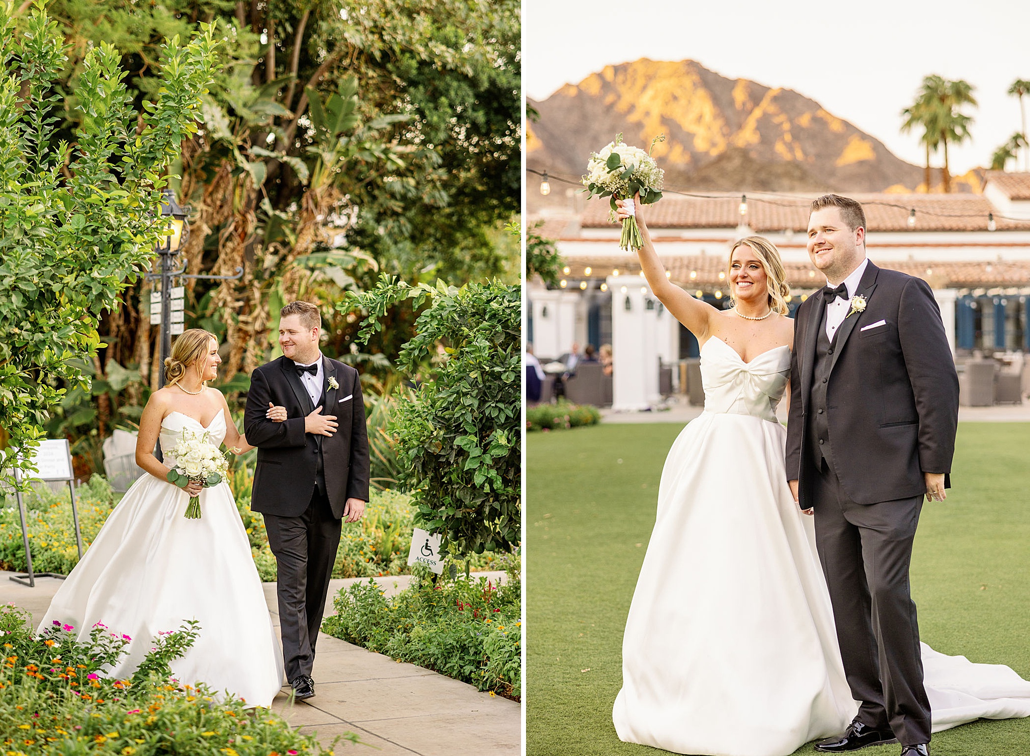 Newlyweds take a garden stroll with arms locked next to them smiling and looking waving to their guests at sunset