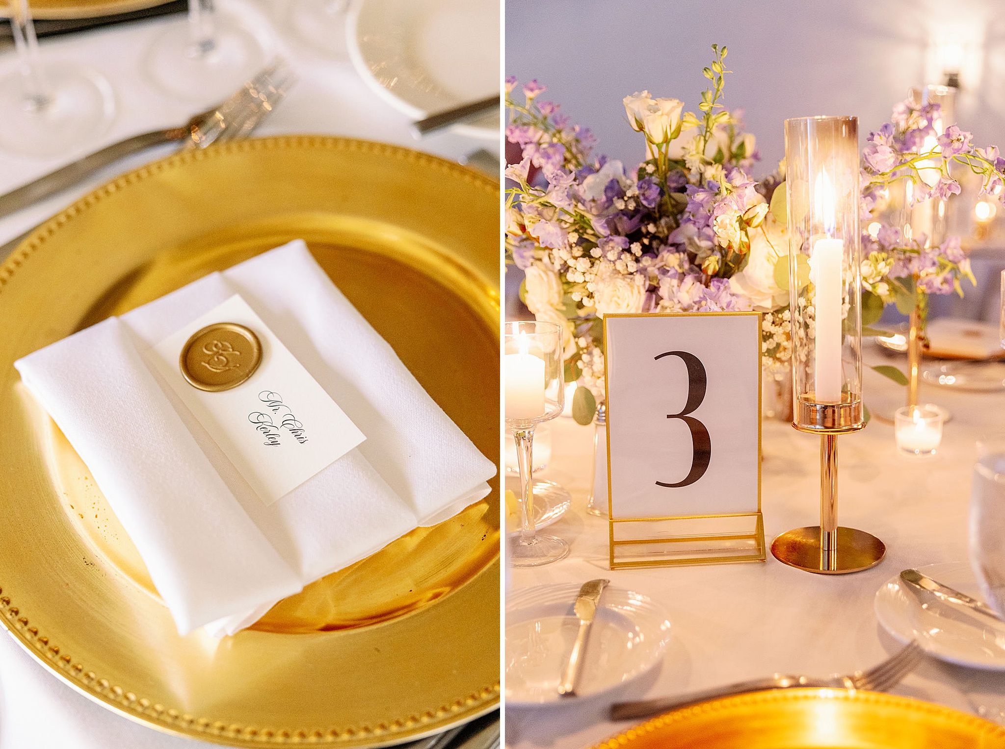 Details of gold wedding reception table with candles and purple flowers